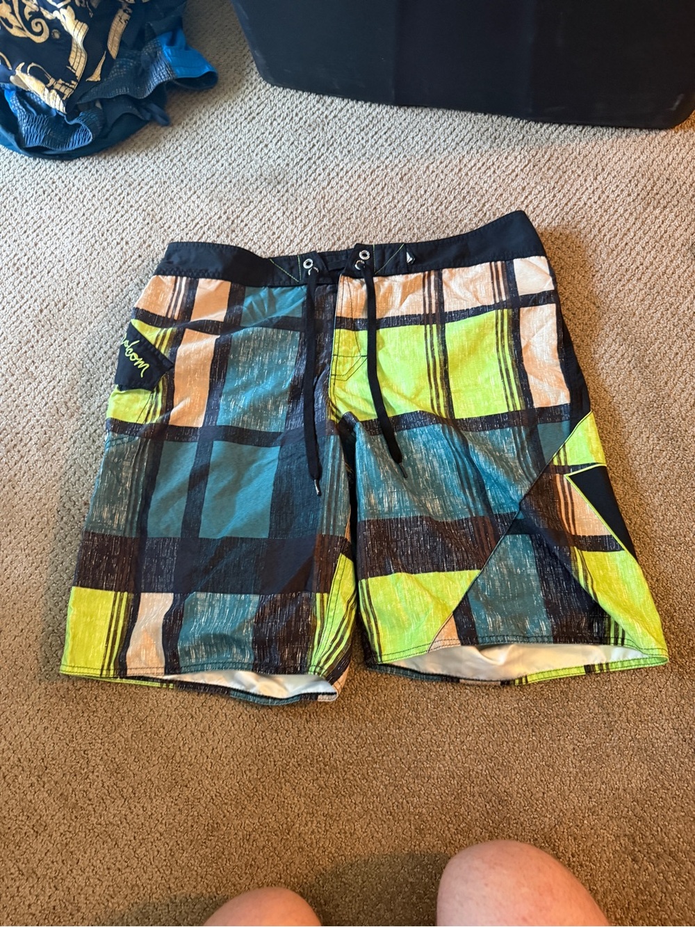 Volcom Men's Plaid Board Shorts in Lime, Teal & Black